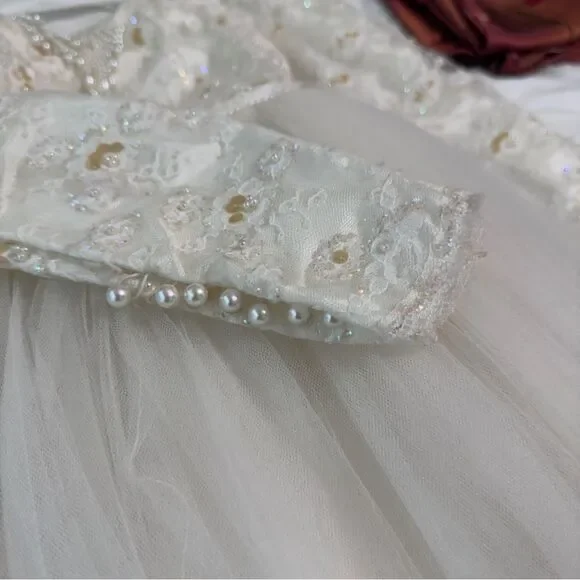 Vintage Ivory Tulle & Lace Flower Girl Dress with Rosette Back & Pearl Detail - Picture 6 of 16